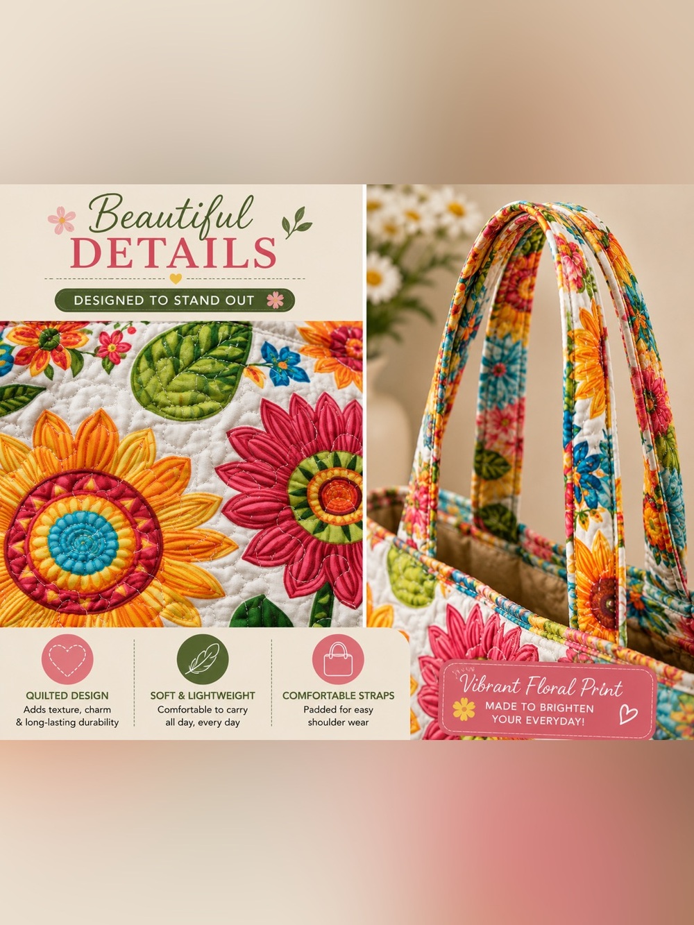 Colorful Quilted Floral Tote Bag Large Lightweight Everyday Carryall teacher bag - Picture 3 of 4